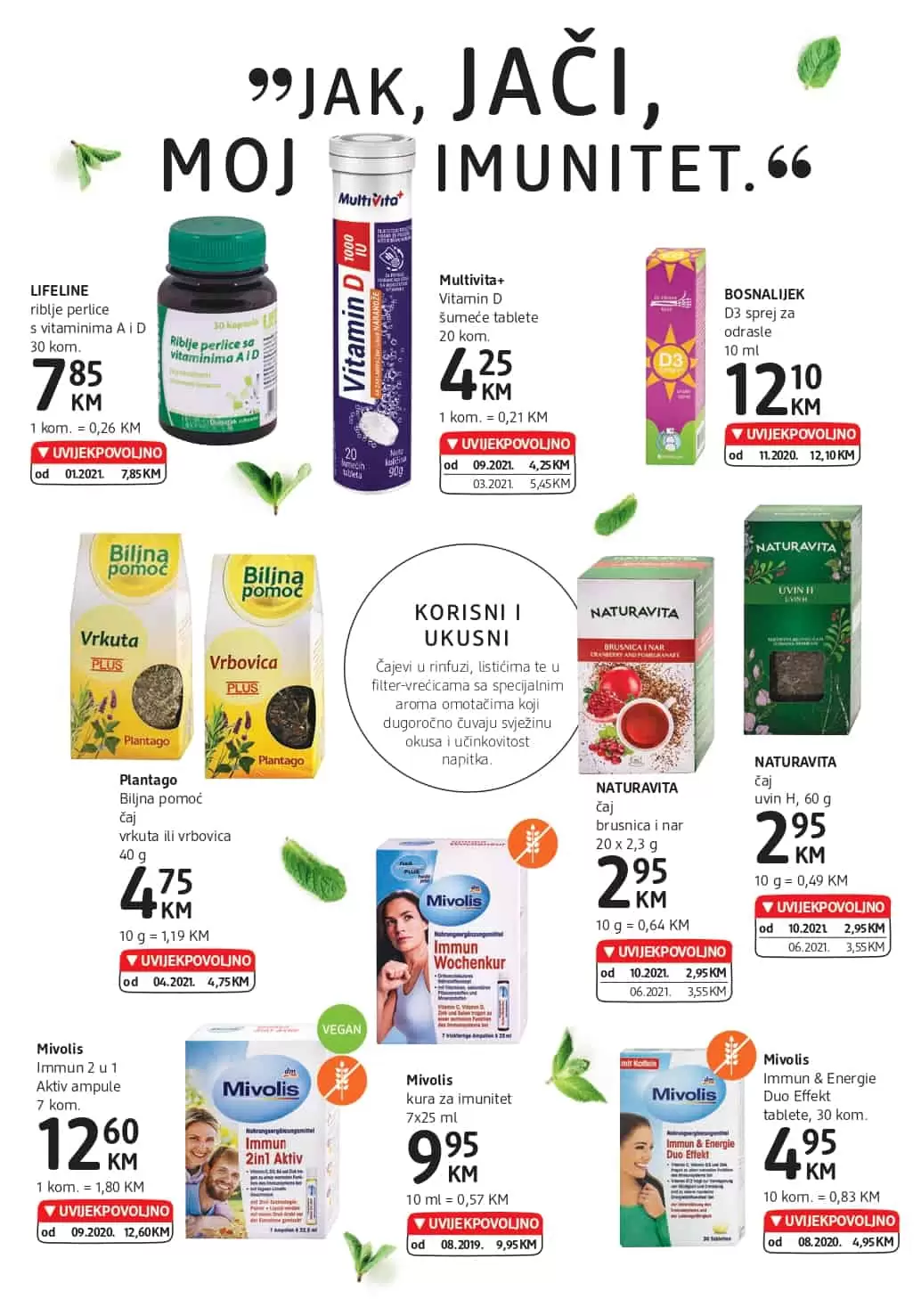 Plantago Biljna pomoć čaj vrkuta ili vrbovica, LIFELINE riblje perlice s vitaminima A i D, BOSNALIJEK D3 sprej za odrasle 