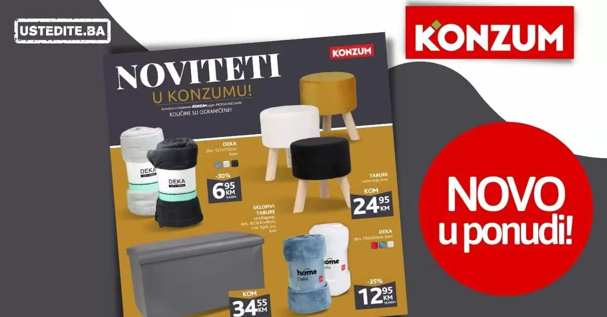 Novo u Konzumu! tabure bijeli, tabure zlatni, tabure crni, deka lagana, mekana deka, bijela deka sklopivi tabure