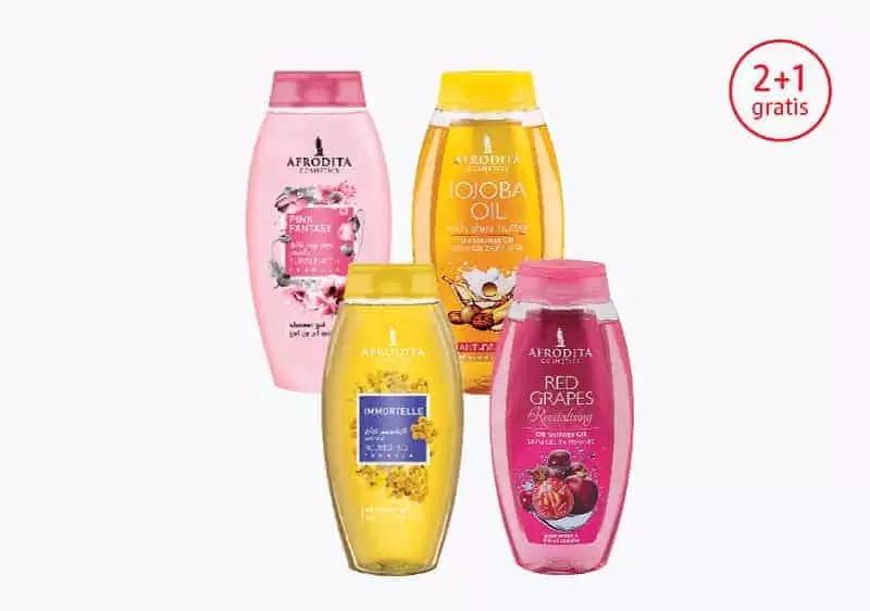 Afrodita Cosmetics Kupovinom bilo koja tri AFRODITA COSMETICS gela za tuširanje od 250 ml, dva proizvoda plaćate, a treći dobijate na poklon. Na kasu je potrebno donijeti sva tri proizvoda.