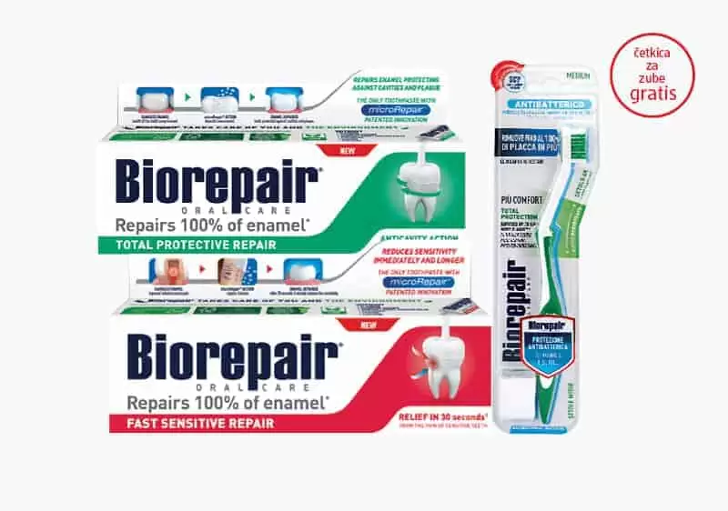 Biorepair Kupovinom jedne od navedenih Biorepair pasti za zube od 75 ml: Fast Sensitive Repair ili Total Protective Repair, na kasi preuzmite Biorepair četkicu za zube na poklon.