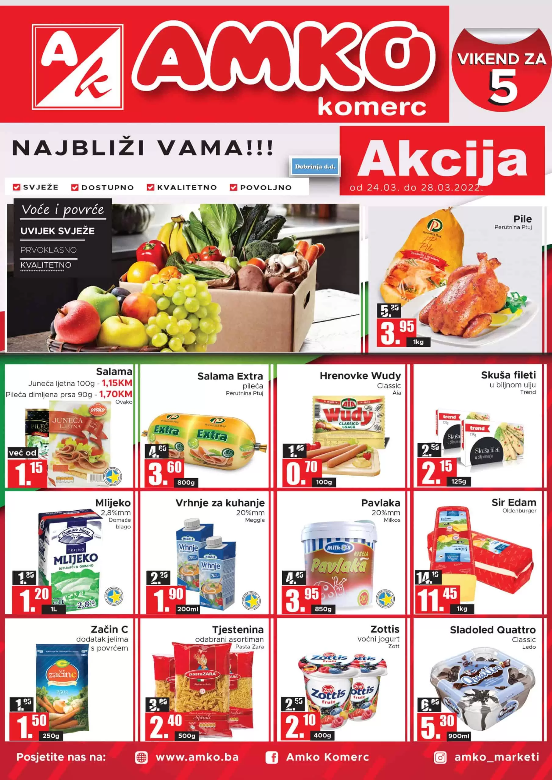 Amko vikend akcija donosi nam super cjene prehra,benh proizvoda. Voće, povrće, piletna, crveno meso, kafa, mliječni proizvodi samo su dio snižene ponude! Uživajte u Amko katalogu i ostvarite dobre uštede! 