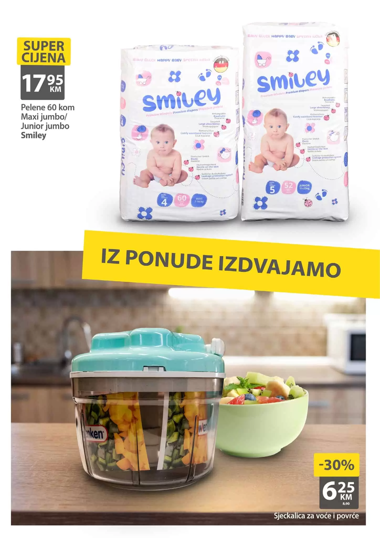 Bingo vikend akcija traje 4 dana. Iskoristite popuste do 54% na oodabrani asortman. Super cjene voće, povrća i svježeg mesa dodatno će vas obradovati. Smiley pelene vrhunskog njemackog kvaliteta i odlične cijene!