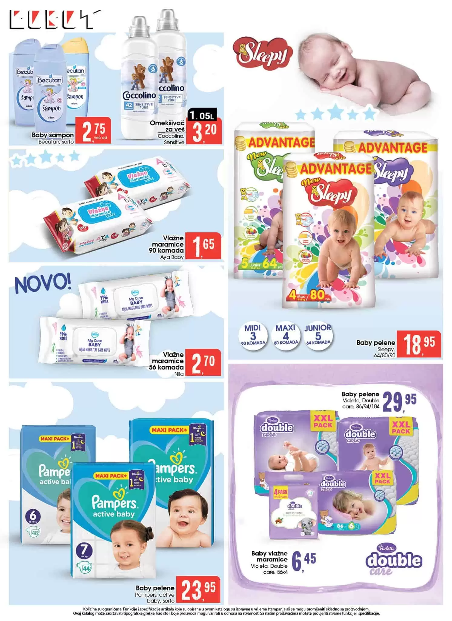 I sami znate koliko možete uštedjeti ukoliko pelene za bebe kupujete po sniženim cijenama. Robot katalog vam donosi snizenje Pamper i Violeta Double Care pelena. Na popustu cete naci i Sleepy pelene, njemacke kvalitete po snizenim cijenama.