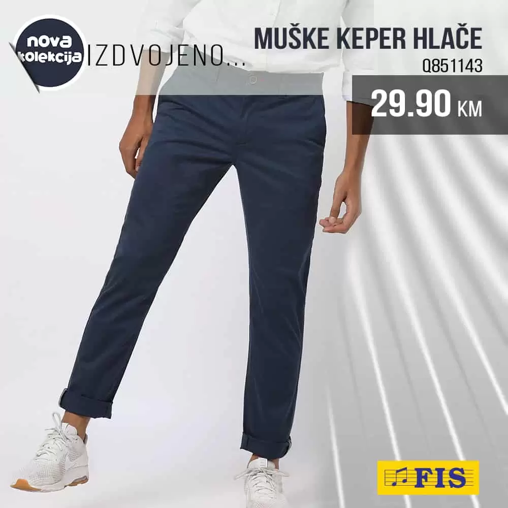 Tamno plave pantalone za muskarce samo 29,90 KM. Ova super ponuda dostupna je u Fis prodavncama na odjelu tekstila.