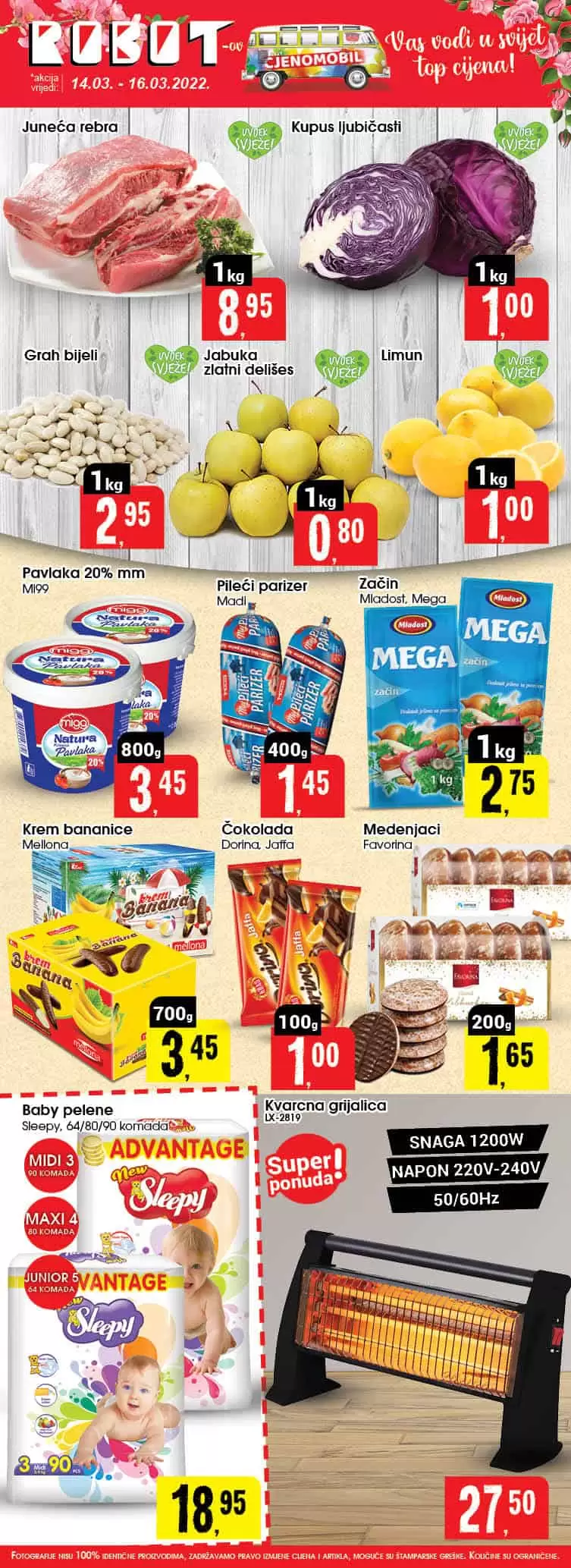 Robot akcija za početak sedmice donos nam super NISKE cijene. Kupite po akcijskim cijenama mliječne prozvode, svježe meso, voće, povrće, slatkiše. Po super cijeni u Robot akciji možete pronaći i SLepply pelene za bebe.