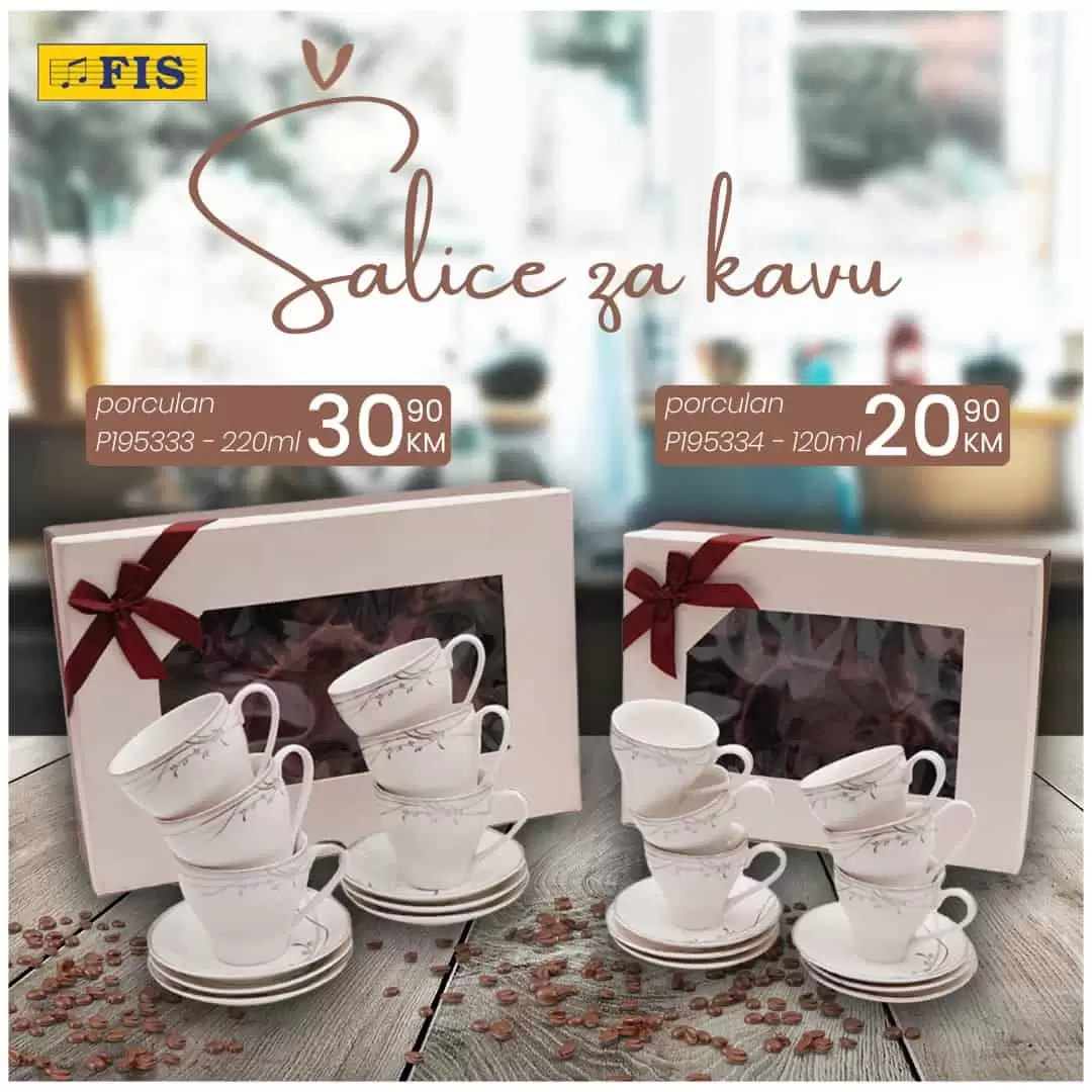 Možete li zamislit jutro bez kafe? Možete li zamisliti druženje bez kafe? Naravno da ne! Kafa je neizostavan dio svakog dana!  Obradujte sebe i svoje voljene novim šalicama za kafu! Fis nam donosi super cijene porculanskh šalica za kafu!