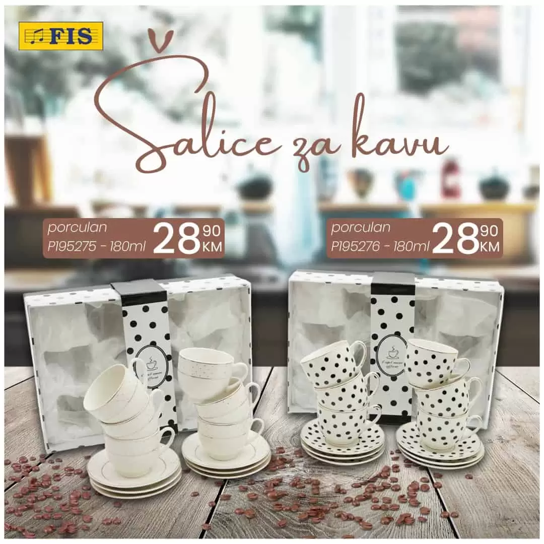 Možete li zamislit jutro bez kafe? Možete li zamisliti druženje bez kafe? Naravno da ne! Kafa je neizostavan dio svakog dana!  Obradujte sebe i svoje voljene novim šalicama za kafu! Fis nam donosi super cijene porculanskh šalica za kafu!