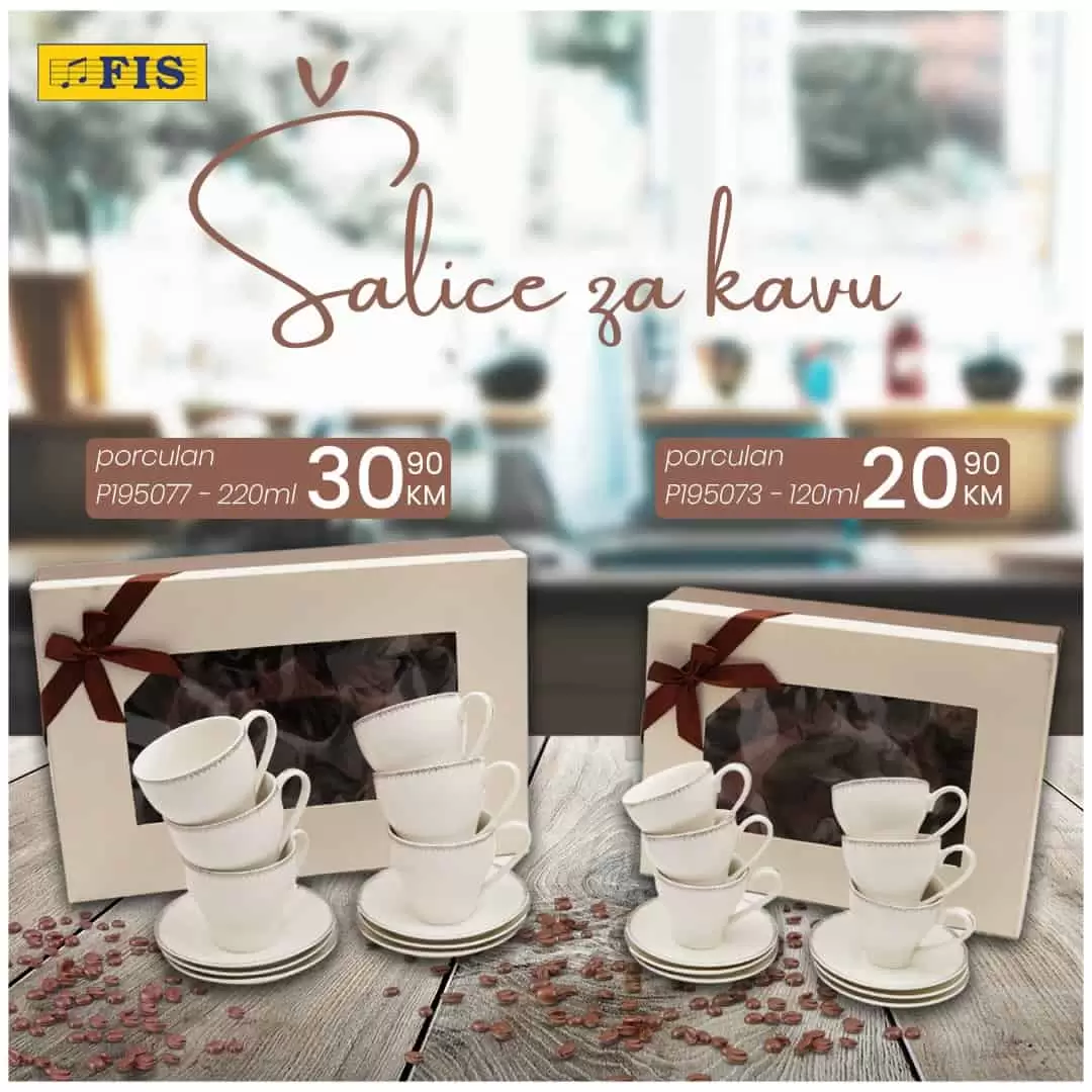 Možete li zamislit jutro bez kafe? Možete li zamisliti druženje bez kafe? Naravno da ne! Kafa je neizostavan dio svakog dana!  Obradujte sebe i svoje voljene novim šalicama za kafu! Fis nam donosi super cijene porculanskh šalica za kafu!