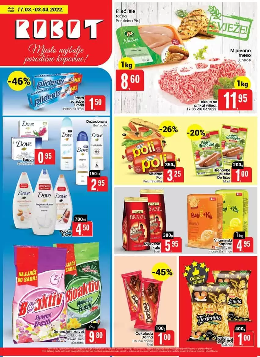 Robot katalog donosi nam super cijene na odjelima prehrane i hemiije. Veliki izbor sniženih proizvoda za ličnu higijenu i asortimana za bebe. U ovom katalogu prnaci cete i veliki izbor odjece za zene. Neizostavna ponuda malih kućanskih aparata čini Robot katalog jos boljim. 