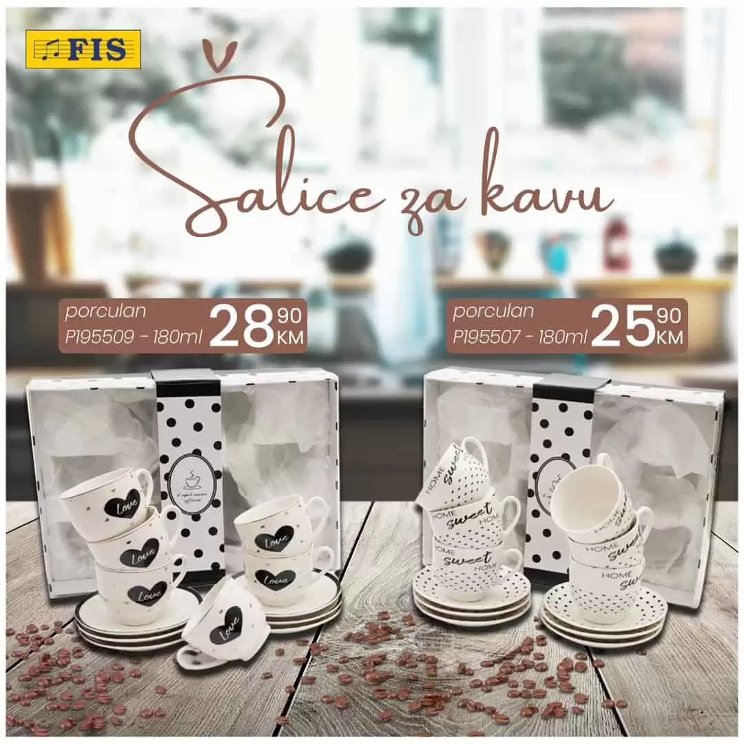 Možete li zamislit jutro bez kafe? Možete li zamisliti druženje bez kafe? Naravno da ne! Kafa je neizostavan dio svakog dana!  Obradujte sebe i svoje voljene novim šalicama za kafu! Fis nam donosi super cijene porculanskh šalica za kafu!