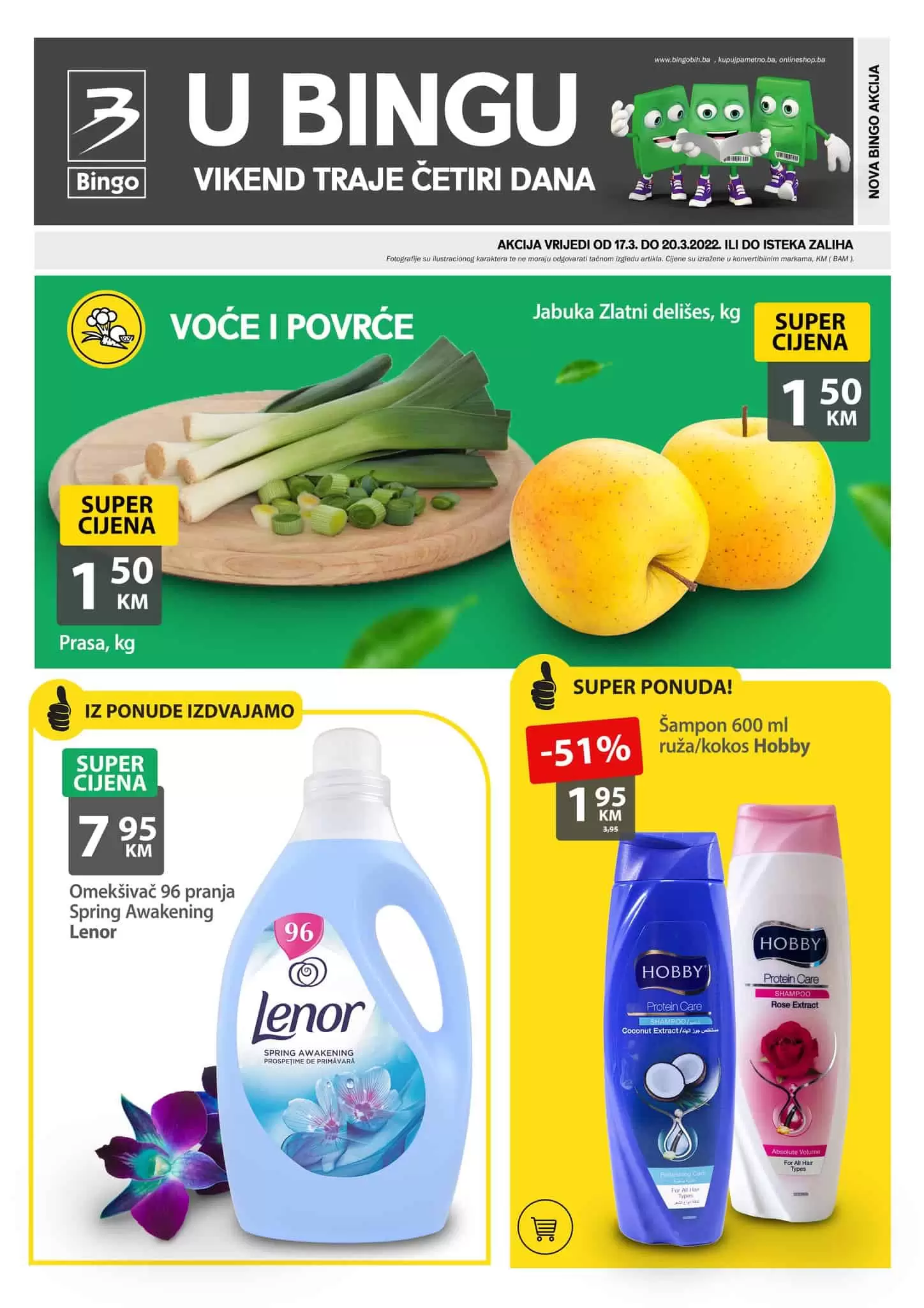 Bingo vikend akcija donosi nam sniženje do 51%! Na popustu ćete pronaći voće i povrće, svježe meso i mesne preradjevine, mliječne proizvode, Argeta pašteta-u, Bronhi bombone. Snižen je i deterdžent za veš Persil lenor omekšvač. Po super pronaći ćete i kantu za smeće po super cijeni d 6,90 KM!