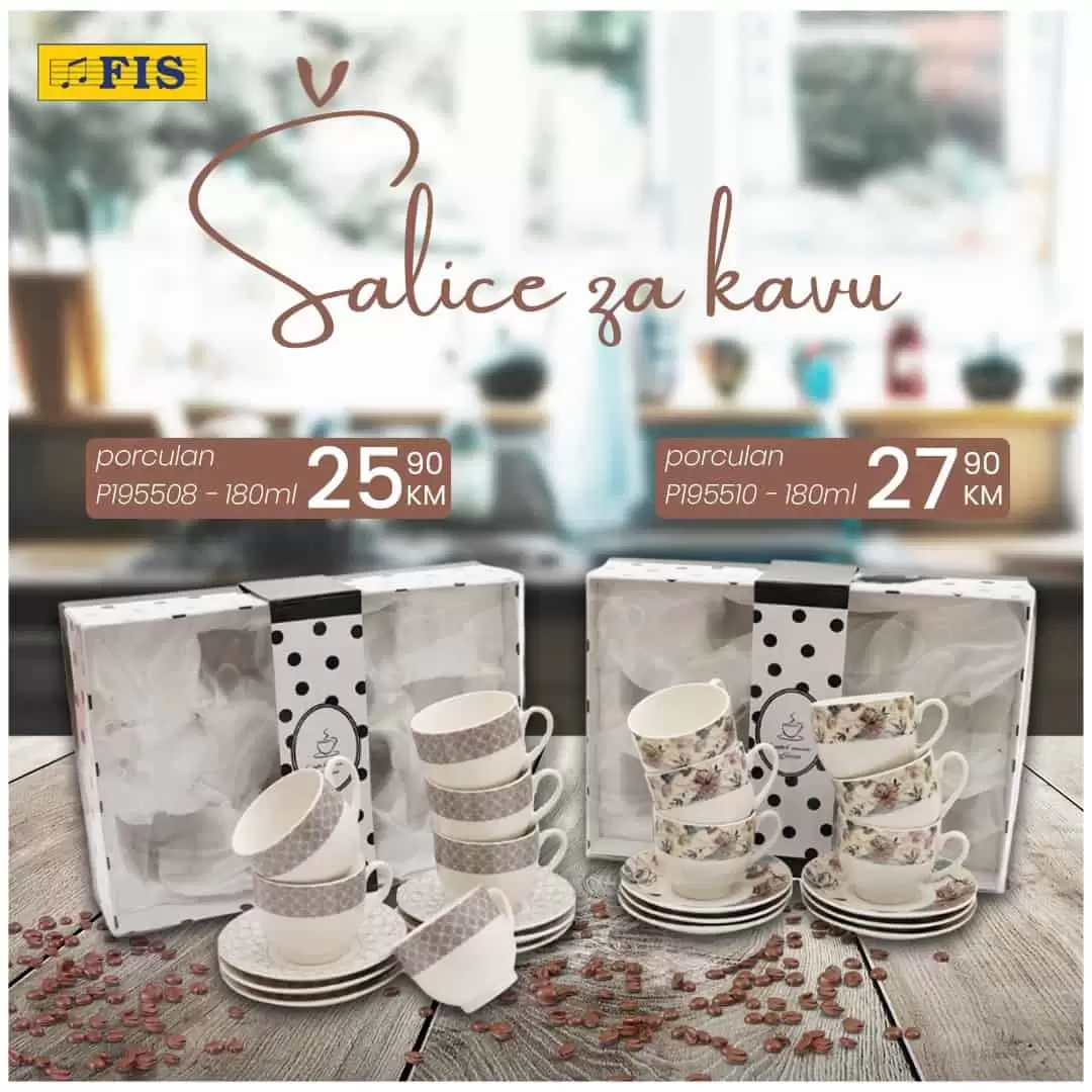 Možete li zamislit jutro bez kafe? Možete li zamisliti druženje bez kafe? Naravno da ne! Kafa je neizostavan dio svakog dana!  Obradujte sebe i svoje voljene novim šalicama za kafu! Fis nam donosi super cijene porculanskh šalica za kafu!