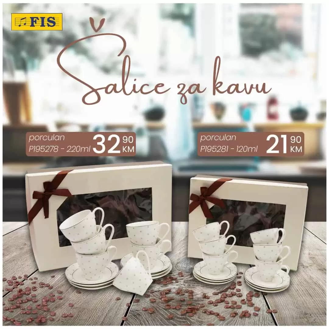 Možete li zamislit jutro bez kafe? Možete li zamisliti druženje bez kafe? Naravno da ne! Kafa je neizostavan dio svakog dana!  Obradujte sebe i svoje voljene novim šalicama za kafu! Fis nam donosi super cijene porculanskh šalica za kafu!