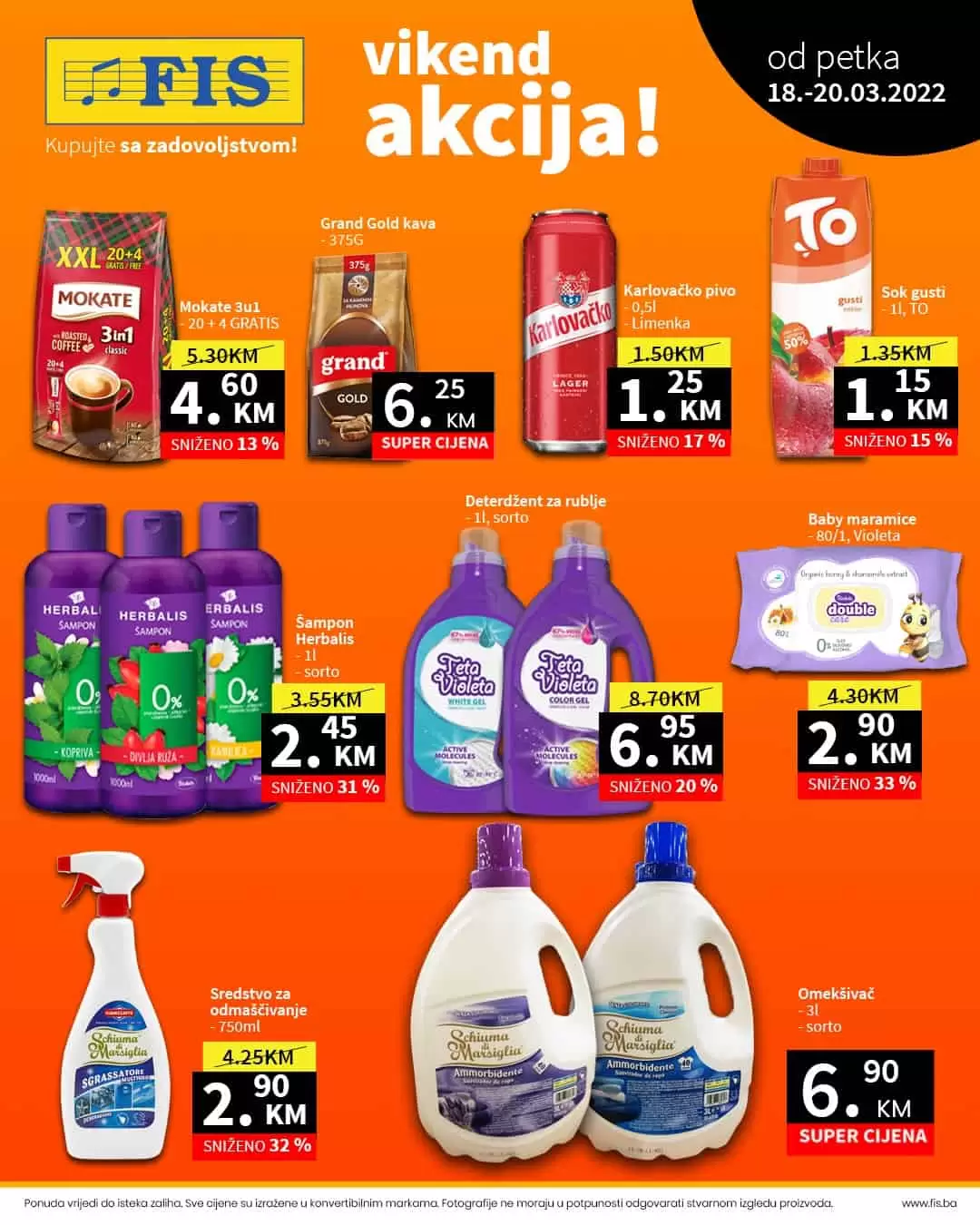 Fis vikend akcija 18-20.03. donosi nam  POPUSTE i do 32%! Uživajte u odličnim sniženjima na odjelima prehrane i hemije. 
