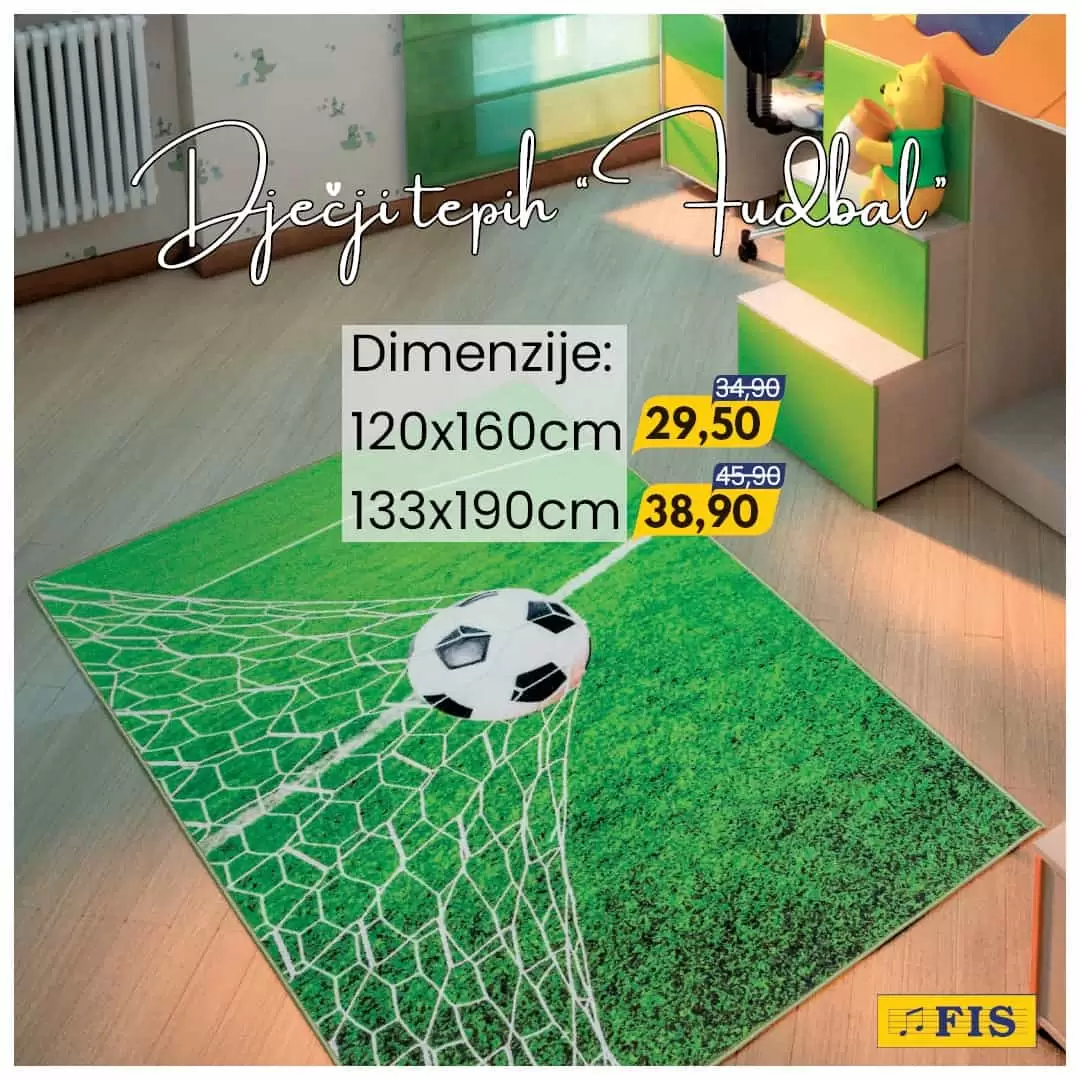 Fis vikend akcija donos nam super cijene dječjih tepiha. Tepisi za dječije sobe osvježit će prostor i obradovati vaše mališane! Izaberite motive "More", "Fudbal", "Abecada", "Princeze" ili '"Super vožnja". Fis vikend akcija 25-27.03.2022. godine "DJEČIJI TEPIH"!