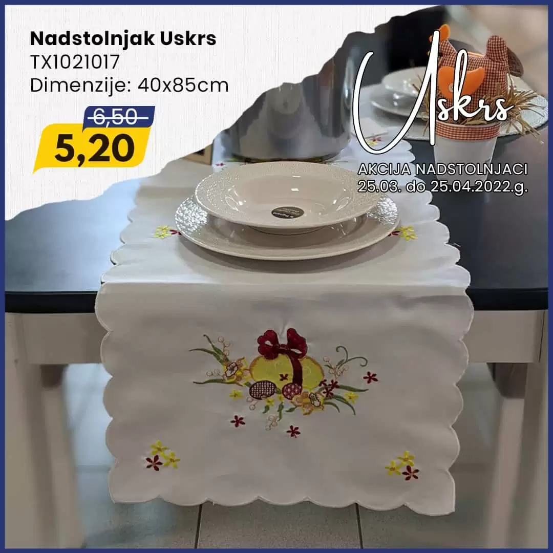 Vrijeme Uskrsa je vrijeme radosti i obiteljskih okupljanja za blagdanskim stolom, a posebnu i svečanu atmosferu za stolom naglasit će uskrsni nadstolnjaci. 🐣🐰 ➡ Zato smo za vas pripremili posebnu uskrsnu akciju nadstolnjaka u svim tržnim centrima FIS na odjelima kućnog tekstila.  ⏳ Akcija traje od 25. 3. do 25. 4.2022.g.