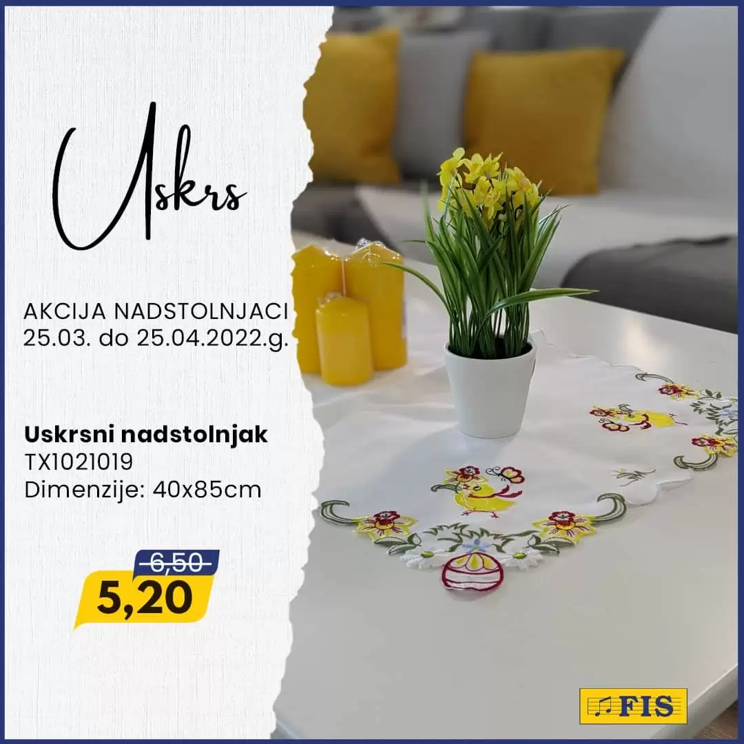 Vrijeme Uskrsa je vrijeme radosti i obiteljskih okupljanja za blagdanskim stolom, a posebnu i svečanu atmosferu za stolom naglasit će uskrsni nadstolnjaci. 🐣🐰 ➡ Zato smo za vas pripremili posebnu uskrsnu akciju nadstolnjaka u svim tržnim centrima FIS na odjelima kućnog tekstila.  ⏳ Akcija traje od 25. 3. do 25. 4.2022.g.