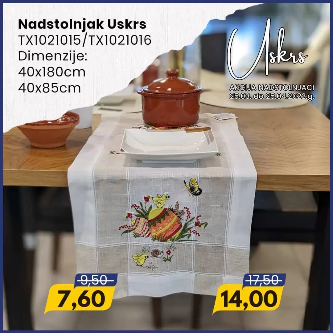 Vrijeme Uskrsa je vrijeme radosti i obiteljskih okupljanja za blagdanskim stolom, a posebnu i svečanu atmosferu za stolom naglasit će uskrsni nadstolnjaci. 🐣🐰 ➡ Zato smo za vas pripremili posebnu uskrsnu akciju nadstolnjaka u svim tržnim centrima FIS na odjelima kućnog tekstila.  ⏳ Akcija traje od 25. 3. do 25. 4.2022.g.