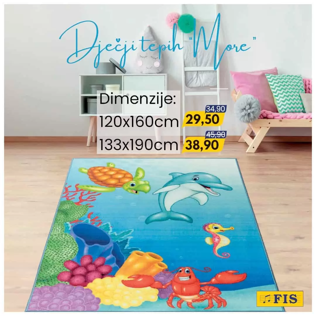 Fis vikend akcija donos nam super cijene dječjih tepiha. Tepisi za dječije sobe osvježit će prostor i obradovati vaše mališane! Izaberite motive "More", "Fudbal", "Abecada", "Princeze" ili '"Super vožnja". Fis vikend akcija 25-27.03.2022. godine "DJEČIJI TEPIH"!