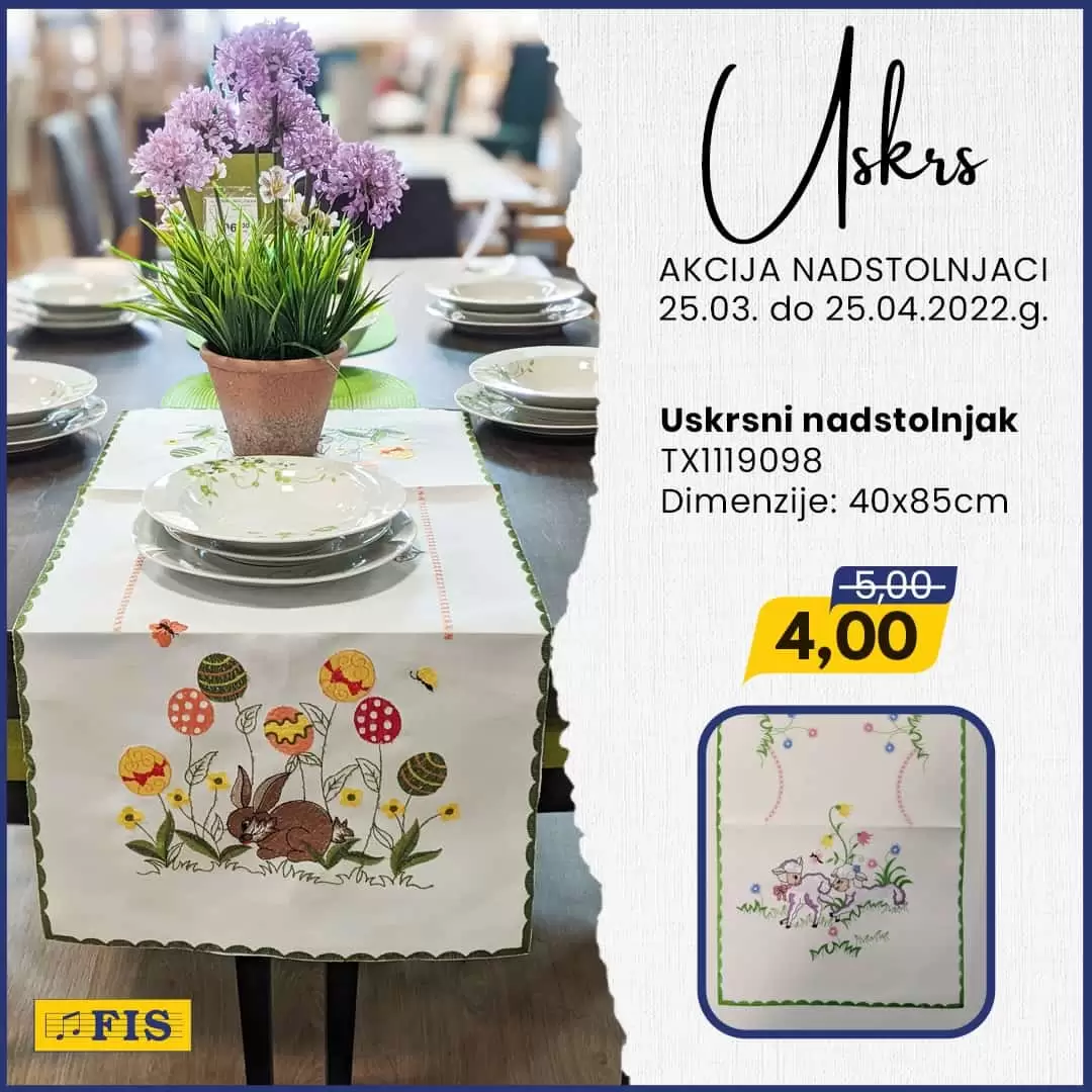 Vrijeme Uskrsa je vrijeme radosti i obiteljskih okupljanja za blagdanskim stolom, a posebnu i svečanu atmosferu za stolom naglasit će uskrsni nadstolnjaci. 🐣🐰 ➡ Zato smo za vas pripremili posebnu uskrsnu akciju nadstolnjaka u svim tržnim centrima FIS na odjelima kućnog tekstila.  ⏳ Akcija traje od 25. 3. do 25. 4.2022.g.
