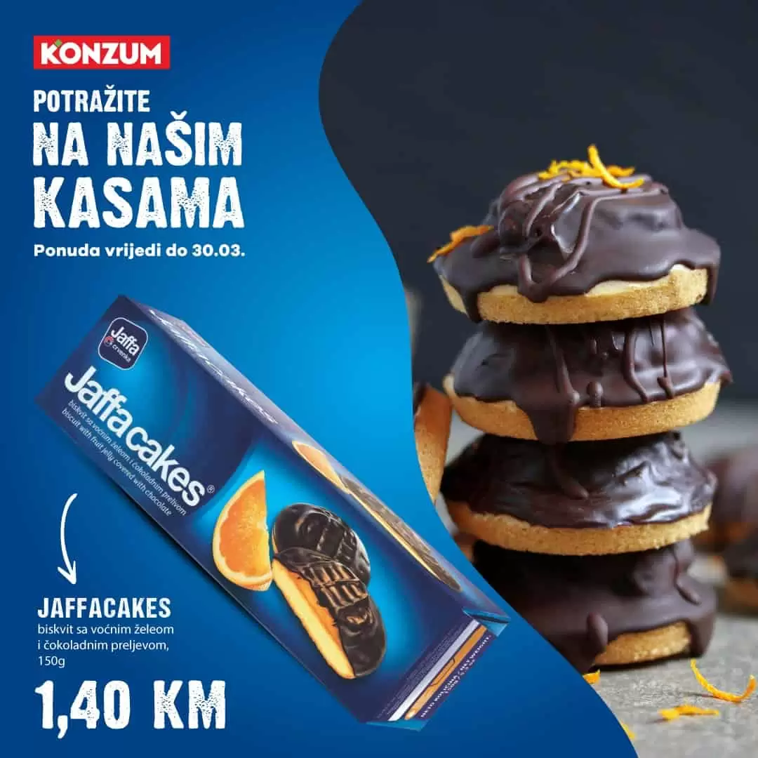 Za sve uzraste Jaffacakes biskvit preliven najkvalitetnijom čokoladom i punjen želeom sa okusom narandže. Potražite na KONZUM kasama do 30.03. po FANSTASTIČNOJ CIJENI od 1,40KM! SUPER KONZUM AKCIJA!