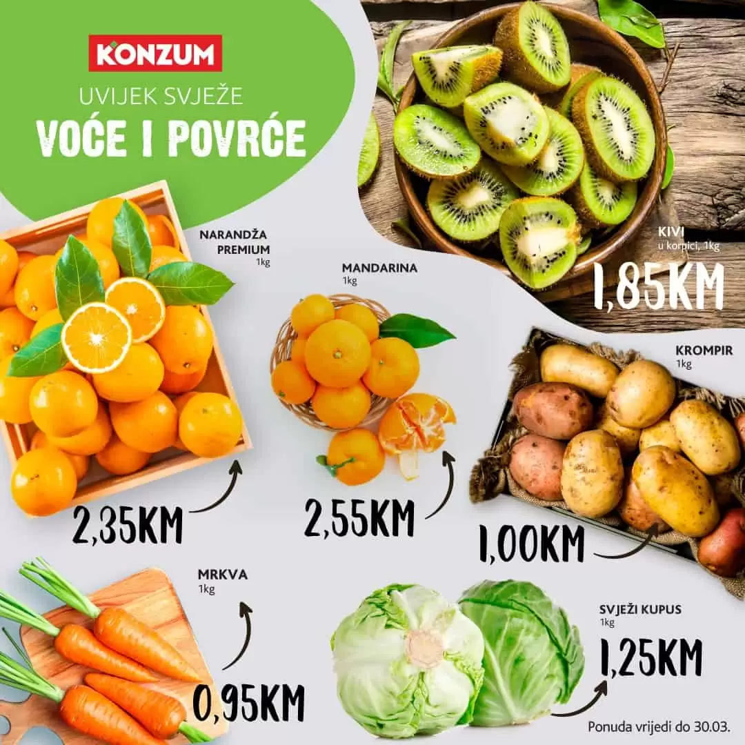 Konzum akcija voća i povrća! Pravilna prehrana i redovita fizička aktivnost dragocjeni su čuvari zdravlja i dobre forme. U planiranju uravnotežene prehrane važnu ulogu imaju svježe voće i povrće! U nastavku pogledajte super ponudu koju je za nas pripremio KONZUM!