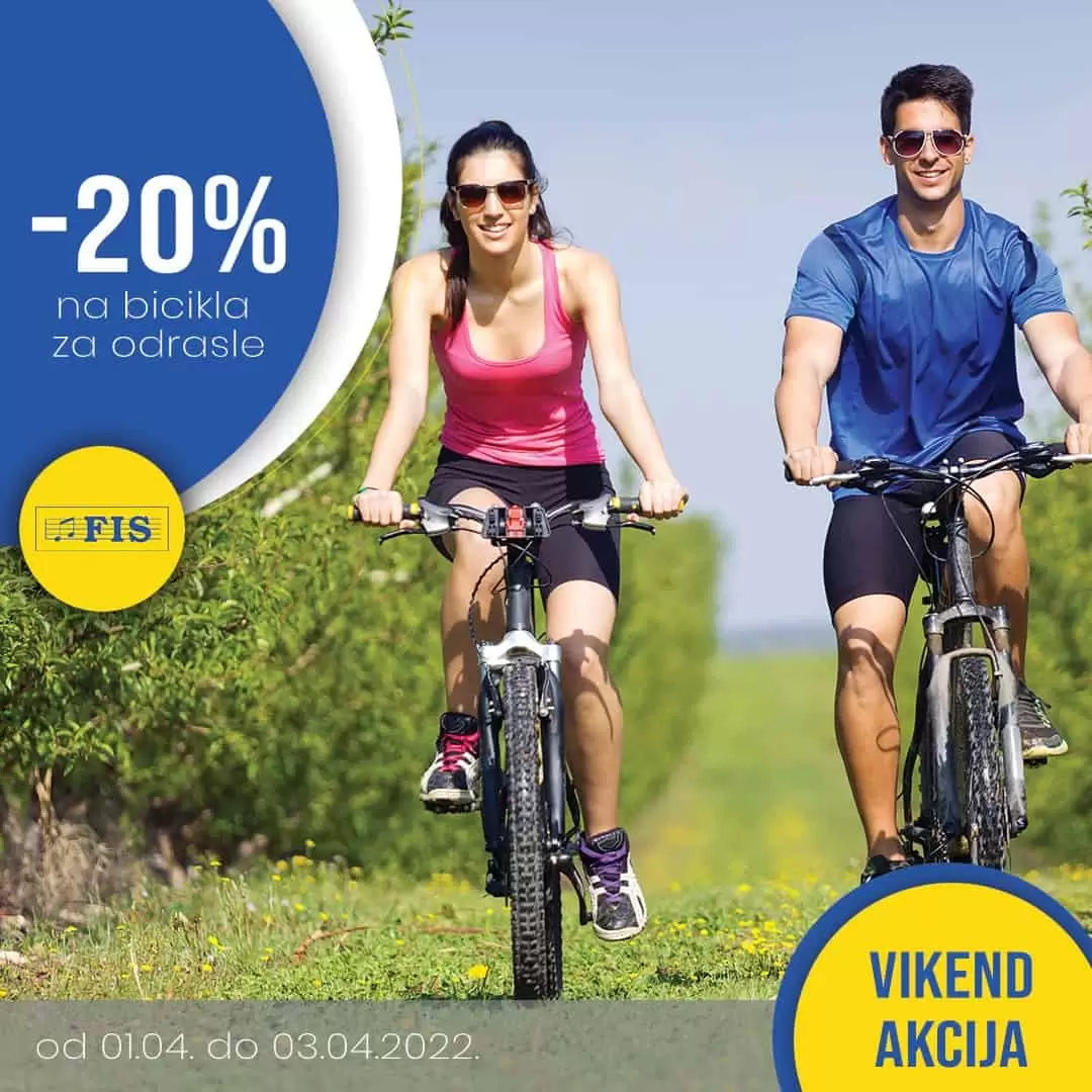 Fis akcija! Neka vam ovo proljeće bude u znaku bicikla, jer dokazano je osim što bicklizam doprinosi kvalitetnijem radu srca, potiče gubitak kilograma, podiže raspoloženje, ekonomičan je i ekološki prihvatljiv.🚴‍♀️🚴 Zato požurite u FIS centre i ovog vikenda iskoristite popust od - 20% na bicikla za odrasle.