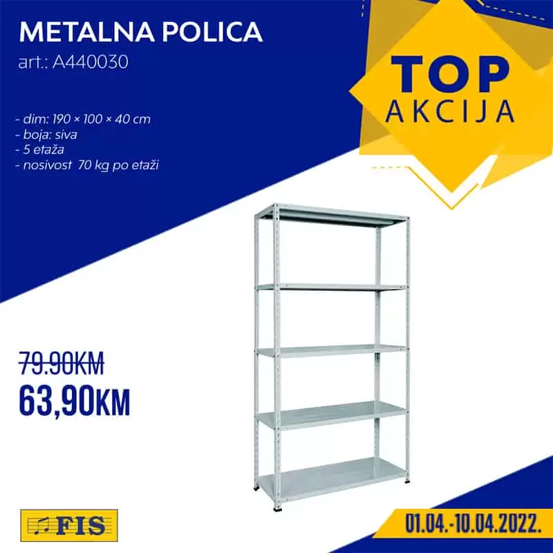 Jeste li culi za Fis TOP akciju? Fis TOP akcija aktuelna je svakog drugog petka i donosi nam sniženje raznovrsnih proizvoda. U Fis TOP akciji pronaci cete sniženje kaegorija: Fis namjestaj, Fis tehnika, Fis odjeca, Fis obuca. Pogledajtte Fis katalog TOP akcija i uživajte u odličnim cijenama! Fis TOP akcija 01.04-10.04.2022. godine