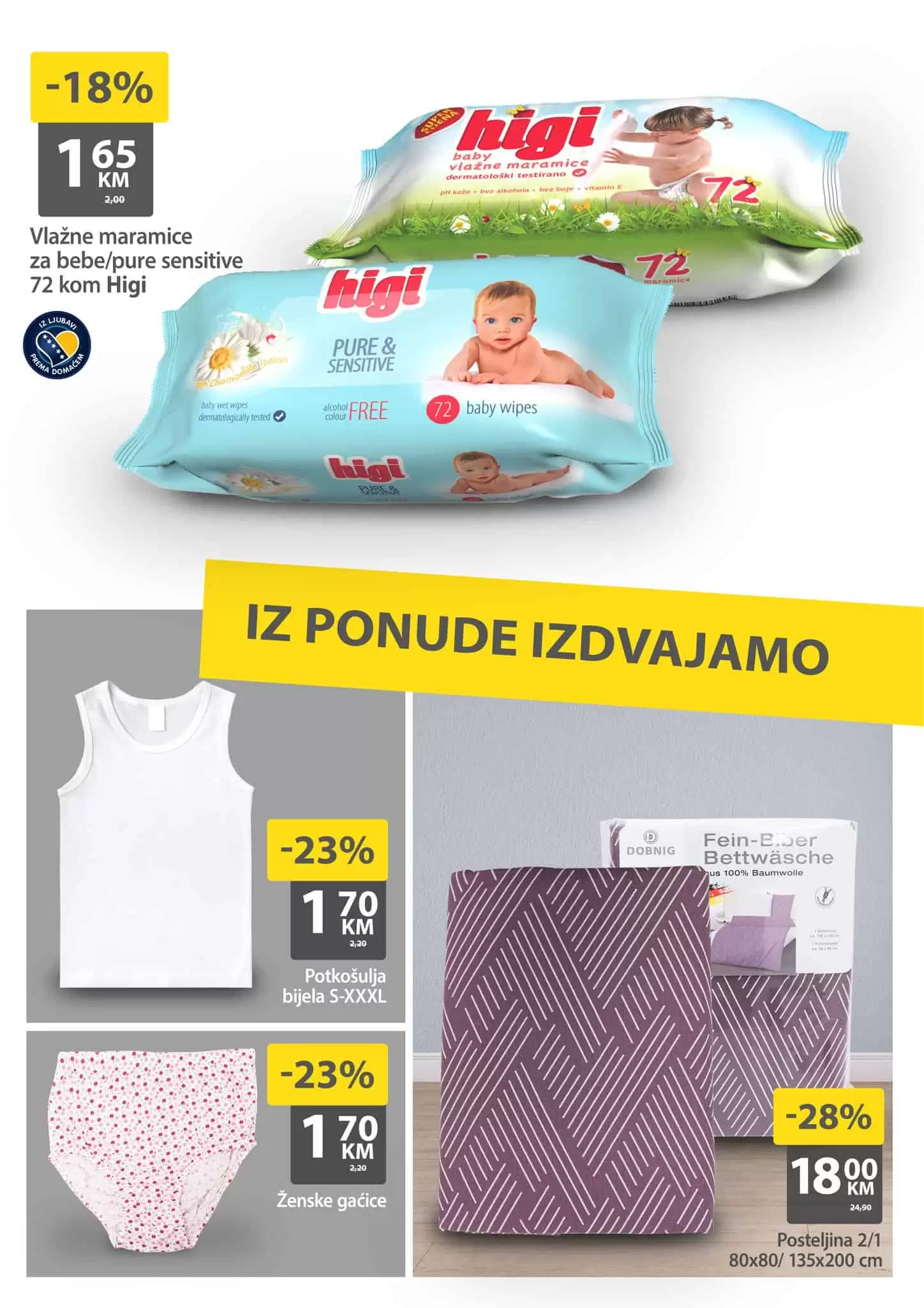 Bingo vikend akcija donosi nam sniženje i do 40%! Iskoristite Bingo akciju i uštedite svoj novac. Bingo katalog donosi nam sjajne cijene na prehrambenim proizvdima, kućnoj hemiji, proizvodima za njegu lica i tijela, ali i kućnog tekstila. Bingo vikend akcija 31.03-03.04.2022. godine! Izdvojeno iz BINGO super ponude: Posteljina 2/1 samo 18 KM Potkušulja bijela 1,70 KM Ženske gaćice 1,70 KM