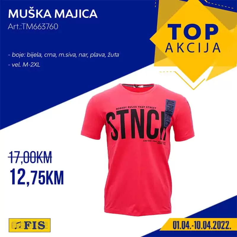 Jeste li culi za Fis TOP akciju? Fis TOP akcija aktuelna je svakog drugog petka i donosi nam sniženje raznovrsnih proizvoda. U Fis TOP akciji pronaci cete sniženje kaegorija: Fis namjestaj, Fis tehnika, Fis odjeca, Fis obuca. Pogledajtte Fis katalog TOP akcija i uživajte u odličnim cijenama! Fis TOP akcija 01.04-10.04.2022. godine
