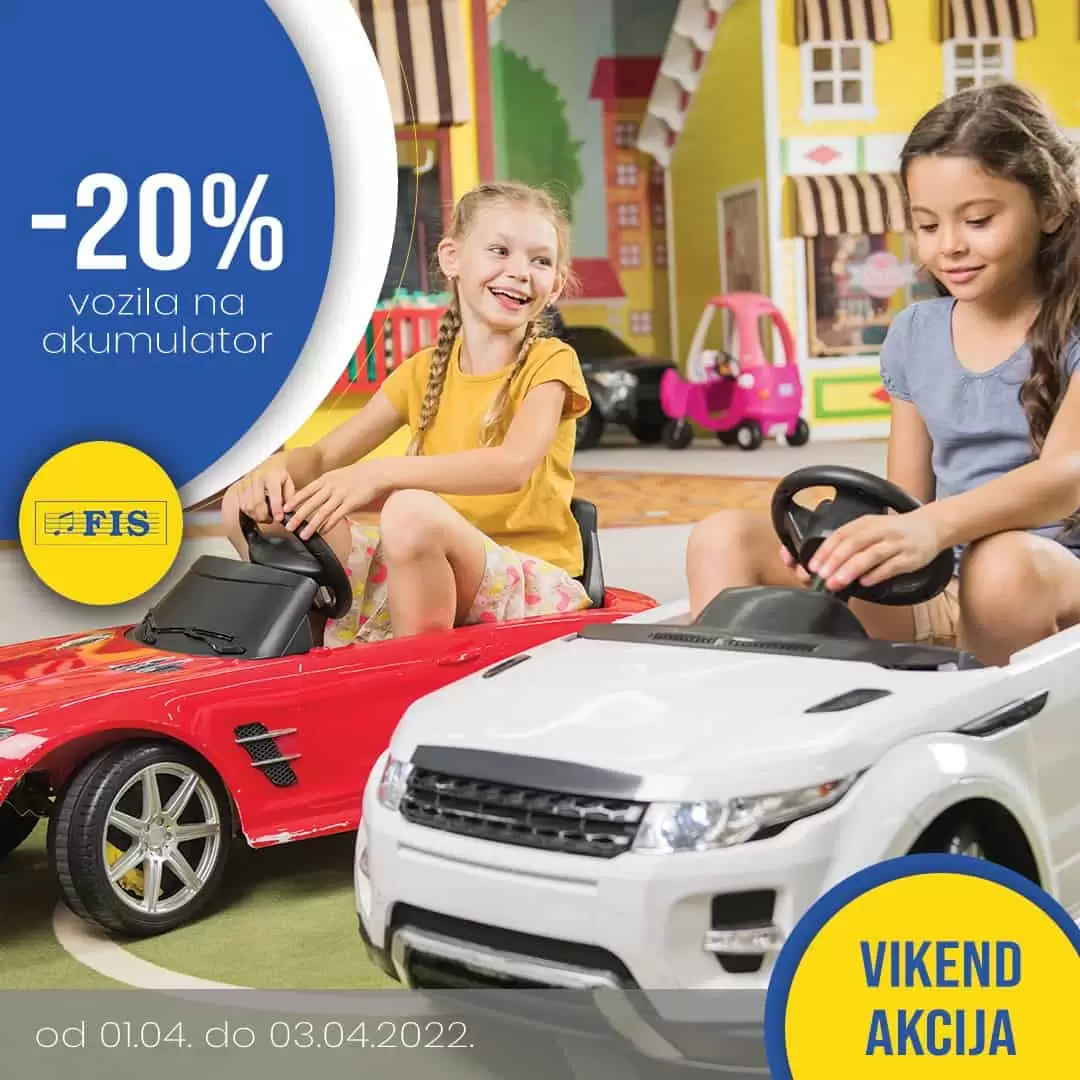 Fis katalog donosi nam! Najbolja djeca zaslužuju najbolje igračke!🚕🚗 Zbog toga smo za vaše mališane pripremili fantastičan izbor vozila na akumulatore, a za vas dragi roditelji uštedu od -20%. ⏳Akcija traje od 1. do 3. 4.2022., a radost vaših mališana zauvijek!
