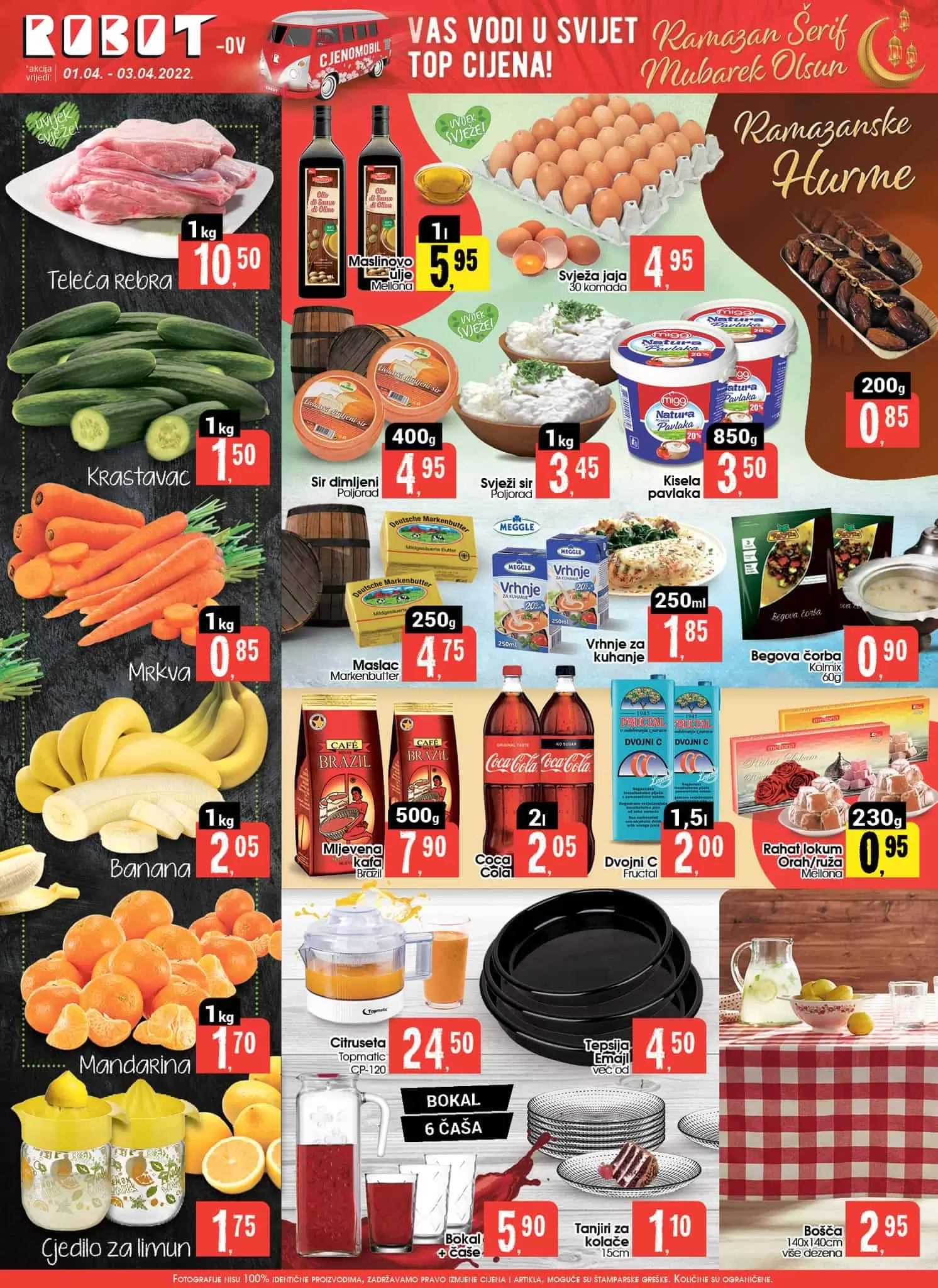 Robot katalog donosi nam akcijske cijene hrane! Na sniženju pronadjite maslinovo ulje, jaja, mliječne proizvode, kafu, voće i povrće! Robot vikend akcija 01-03.04.2022. godine! 