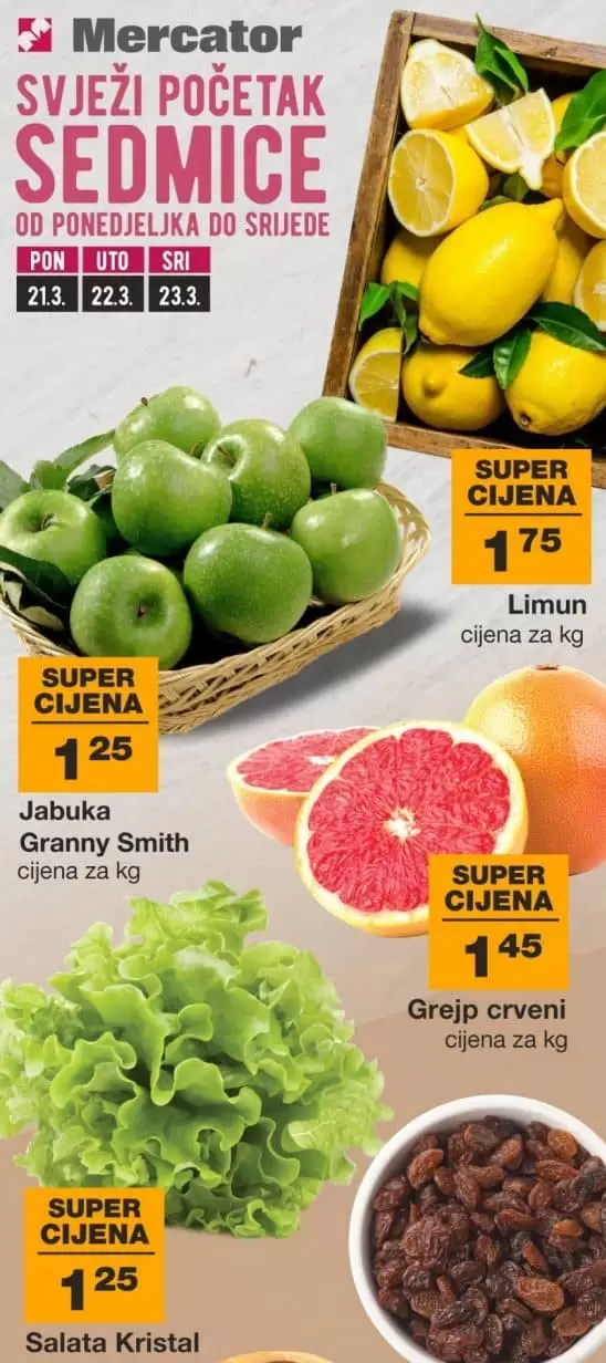 Mercator akcija za pocetak sedmice donosi nam super cijene na odjelima prehrane i hemije. Uštedite kupujući! 