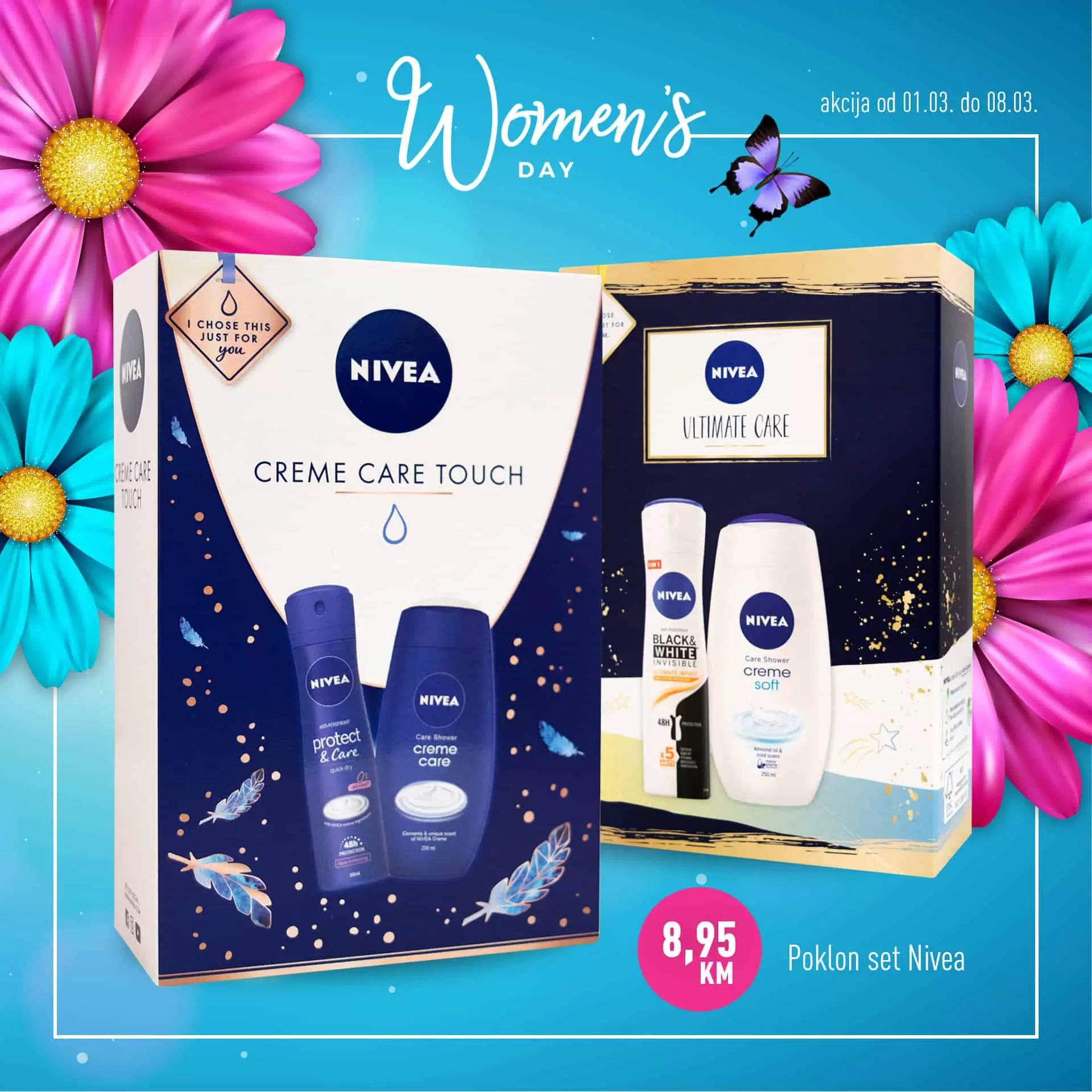 MEGA DISKONT ma super ponudu za Dan žena 8.mart. Odaberite poklon set za njegu  ljepotu brendova Nivea i Dove po super povoljnim cjenama. Veliki izbor bombonjera vas takodjere ceka u Mega Diskontu. 