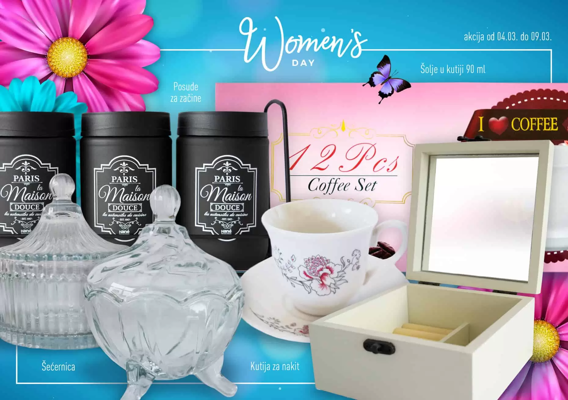 MEGA DISKONT ma super ponudu za Dan žena 8.mart. Odaberite poklon set za njegu  ljepotu brendova Nivea i Dove po super povoljnim cjenama. Veliki izbor bombonjera vas takodjere ceka u Mega Diskontu. 
