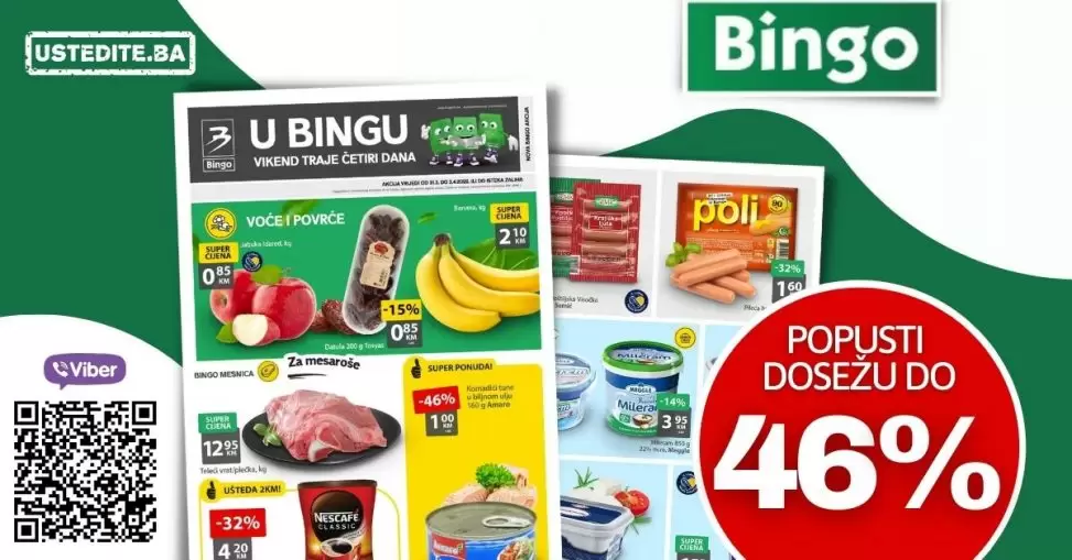 Bingo vikend akcija donosi nam sniženje i do 40%! Iskoristite Bingo akciju i uštedite svoj novac. Bingo katalog donosi nam sjajne cijene na prehrambenim proizvdima, kućnoj hemiji, proizvodima za njegu lica i tijela, ali i kućnog tekstila. Bingo vikend akcija 31.03-03.04.2022. godine! Izdvojeno iz BINGO super ponude: Posteljina 2/1 samo 18 KM Potkušulja bijela 1,70 KM Ženske gaćice 1,70 KM