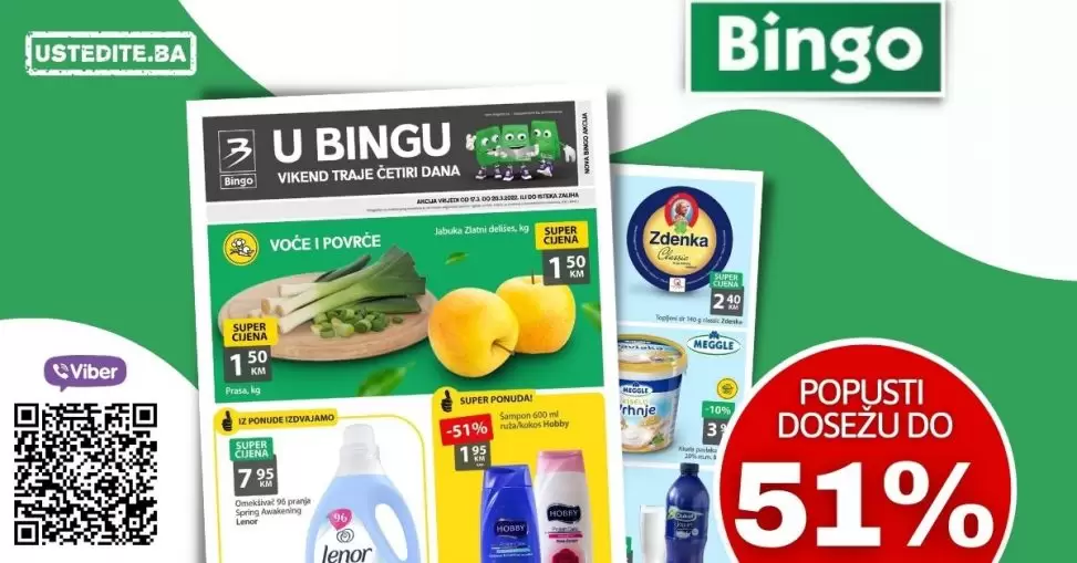 Bingo vikend akcija donosi nam sniženje do 51%! Na popustu ćete pronaći voće i povrće, svježe meso i mesne preradjevine, mliječne proizvode, Argeta pašteta-u, Bronhi bombone. Snižen je i deterdžent za veš Persil lenor omekšvač. Po super pronaći ćete i kantu za smeće po super cijeni d 6,90 KM!
