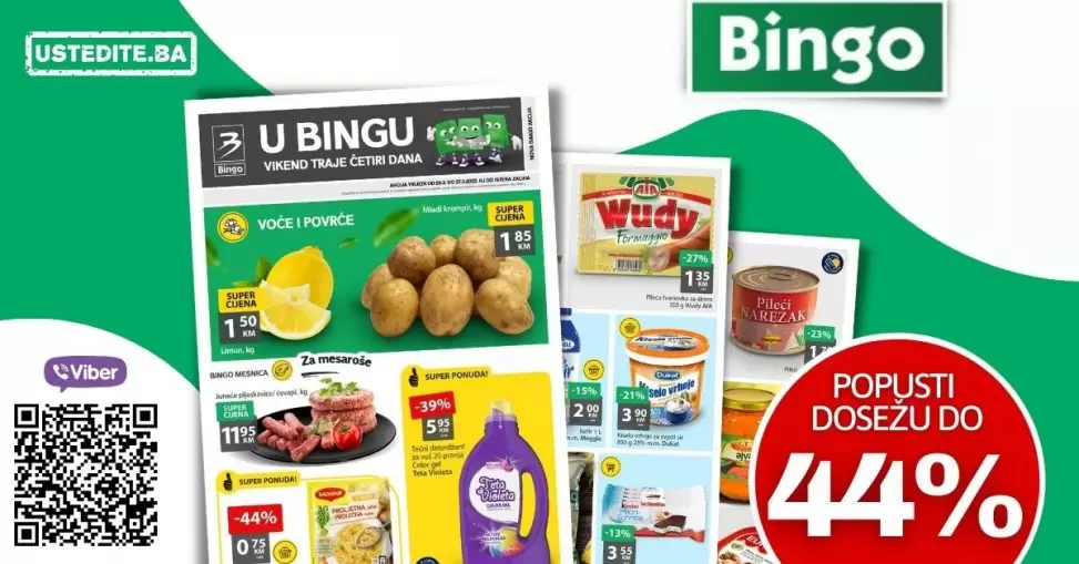 Bingo vikend akcija traje u periodu 24-27.03.2022. godine. Bingo katalog donos nam sjajnu ponudu na odjelu prehrane kucne hemije. Pronadjte voce, povrce, mljecne prozvode, mesne preradjevne i jos mnogo toga po akcjskm cjenama. Uštedte novac, kupujte na akcji.