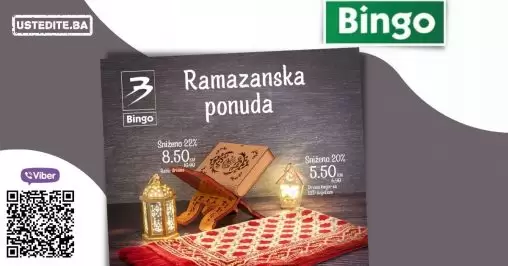 Bingo katalog! Za potpuni ugođaj Ramazana za vas smo pripremili posebnu ponudu u periodu od 29.3. do 3.5.2022. U Bingo trgovinama pronađite serdžadu po cijeni od 4,95 KM, drvene rahle već od 8,50 KM i drveni fenjer sa led svjetlom po fantastičnoj cijeni od 5,50 KM