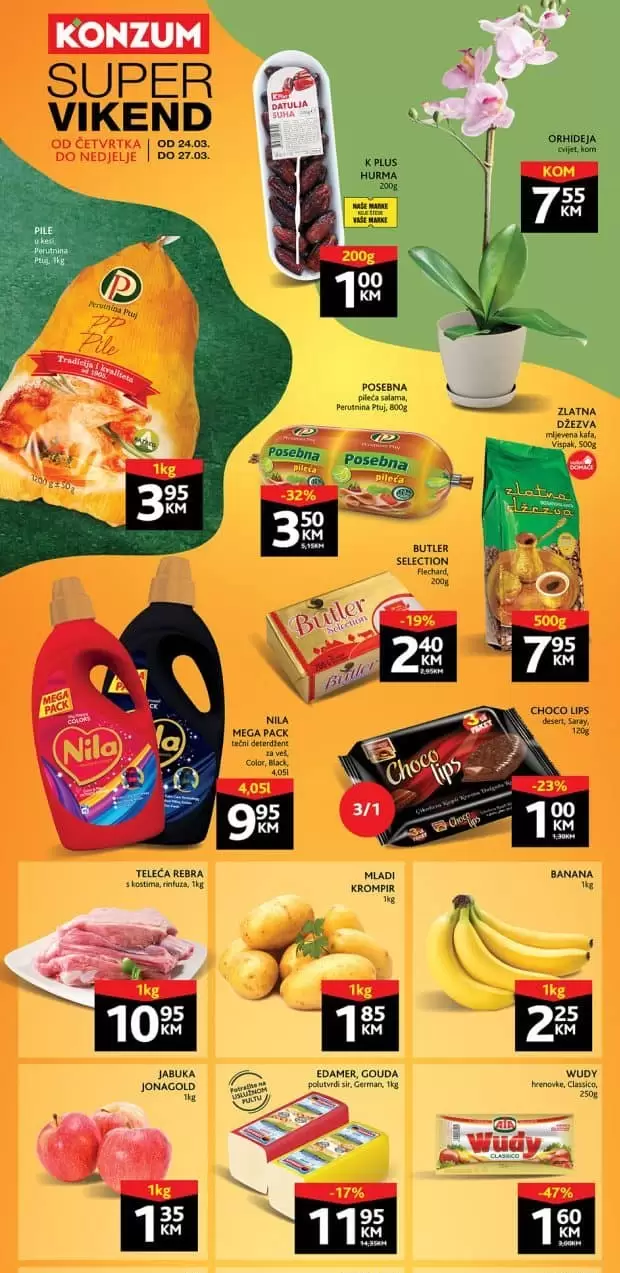Konzum vikend akcija donosi nam akcijske cijene na odjelima prehrane i hemije. U ovom Konuzum katalogu pronadjite i pelene za bebe po super snizenim cijenama!