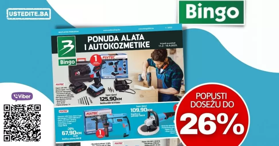 Bingo Katalog alata donosi sniženje. do 37% na odabrani asortiman autokozmetike i alata. Sniženi brendovi su Fixtec i Einhell. Obavite planirane radove u stanu, oko kuće ili održavanja vozila uz novu katalošku ponudu u Bingu. Posjetite Bingo trgovine i priuštite sebi, po odličnim cijenama, kutiju za alat, kutnu brusilicu, auto patosnice i još mnogo toga.