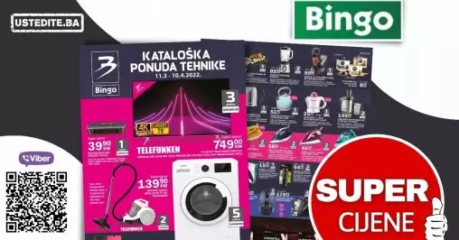 Novi Bingo katalog Tehnika donosi nam fantatsičnu ponudu! Telefunken, Gorenje, Samung, Xiaomi, Hitachi samo su neki od brendova koji su na sniženju. Veliki izbor bijele i ugradbene tehnike, mobitela, televizora, malih kućanskih aparata čeka na vas. Uštedite vrijeme i novac. Kupujte po akcijskim cijenama.