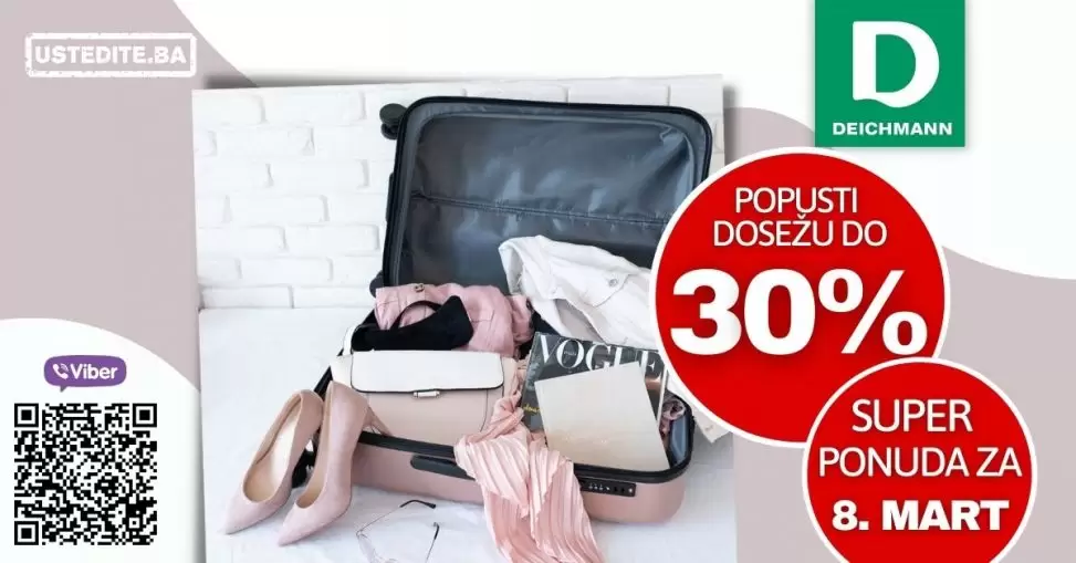 Deichmann nam donosi fantastčne popuste za Dan žena 8.mart. Iskoristite 30% popusta na Deicmann odabrani asortimn.