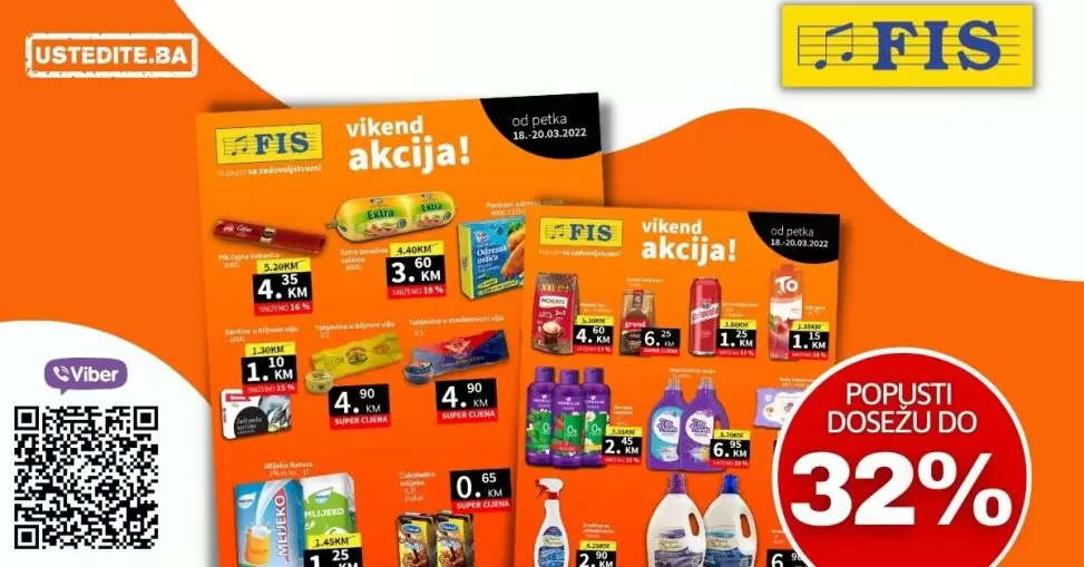 Fis vikend akcija 18-20.03. donosi nam POPUSTE i do 32%! Uživajte u odličnim sniženjima na odjelima prehrane i hemije.