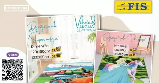 Fis vikend akcija donos nam super cijene dječjih tepiha. Tepisi za dječije sobe osvježit će prostor i obradovati vaše mališane! Izaberite motive "More", "Fudbal", "Abecada", "Princeze" ili '"Super vožnja". Fis vikend akcija 25-27.03.2022. godine "DJEČIJI TEPIH"!