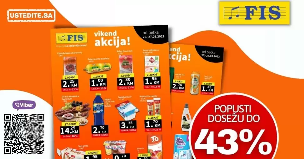 FIS vikend akcija donosi nam popuste do 43%! Fis kupujte sa zadovoljstvom! Fis vikend akcija Prehrana i Hemija 25-27.03.2022. godine
