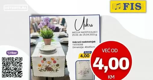 Vrijeme Uskrsa je vrijeme radosti i obiteljskih okupljanja za blagdanskim stolom, a posebnu i svečanu atmosferu za stolom naglasit će uskrsni nadstolnjaci. 🐣🐰 ➡ Zato smo za vas pripremili posebnu uskrsnu akciju nadstolnjaka u svim tržnim centrima FIS na odjelima kućnog tekstila. ⏳ Akcija traje od 25. 3. do 25. 4.2022.g.