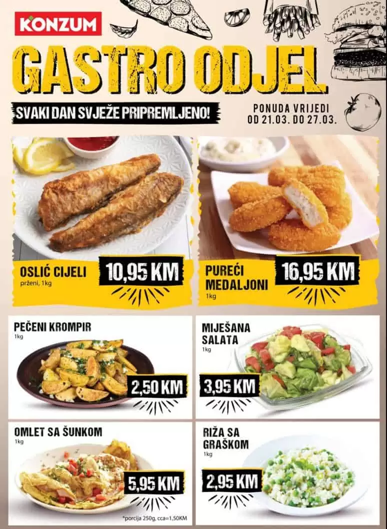 gastro odjel u Konzumu donosi nam super ponudu gotoovoih jela! Cijene se krecu od 2,95 KM! Prijatno! 