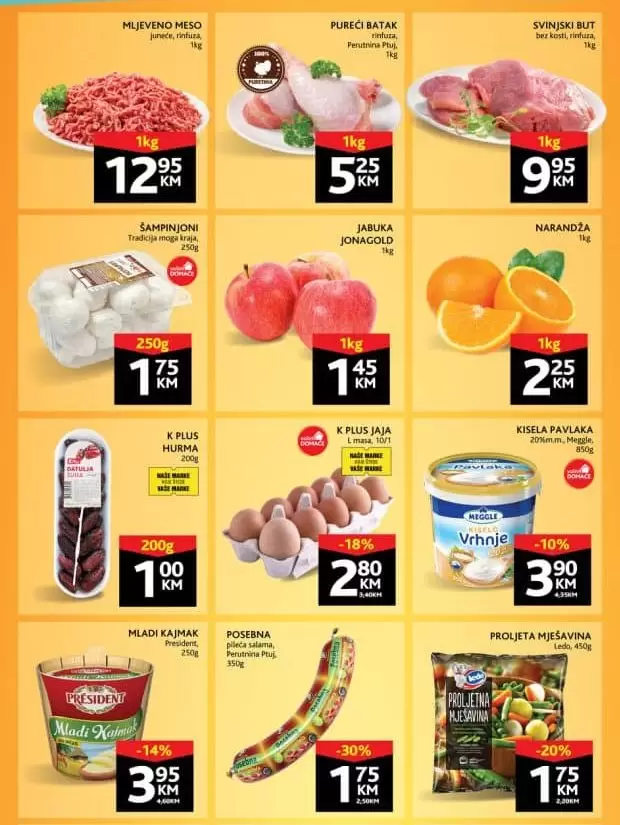 Konzum katalog donosi nam odlične akcijske cijene prehrambenih proizvoda i kućne hemije! Popusti dosežu i do 50%! Konzum vikend akcija 31.03-03.04.2022. godine.    Izdvojeno iz ponude:   Teleći vrat sa kostima 1 kg 12,45 KM Edanio, polutvrdi sir 1 kg 9,95 KM Svinjski but bez kosti 1 kg 9,95 KM K Plus jaja 10 kom 2,80 KM