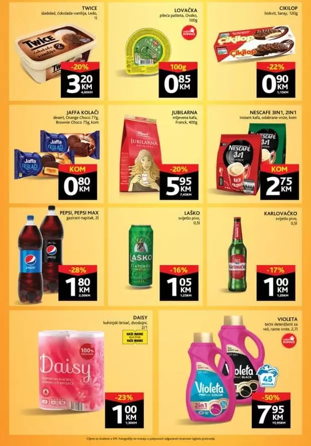 Konzum katalog donosi nam odlične akcijske cijene prehrambenih proizvoda i kućne hemije! Popusti dosežu i do 50%! Konzum vikend akcija 31.03-03.04.2022. godine.    Izdvojeno iz ponude:   Teleći vrat sa kostima 1 kg 12,45 KM Edanio, polutvrdi sir 1 kg 9,95 KM Svinjski but bez kosti 1 kg 9,95 KM K Plus jaja 10 kom 2,80 KM. Uštedite i do 50% na Violeta tečni deterdžent! 